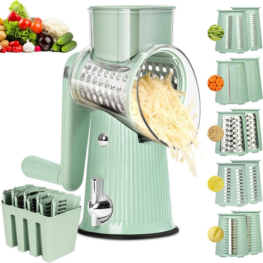 Rotary Cheese Grater with Handle, Necomi Vegetable Chopper with 5 Blades & Strong Suction Base, Vegetable Cutter Mandoline Slicer Chopper Cheese Shredder for Kitchen