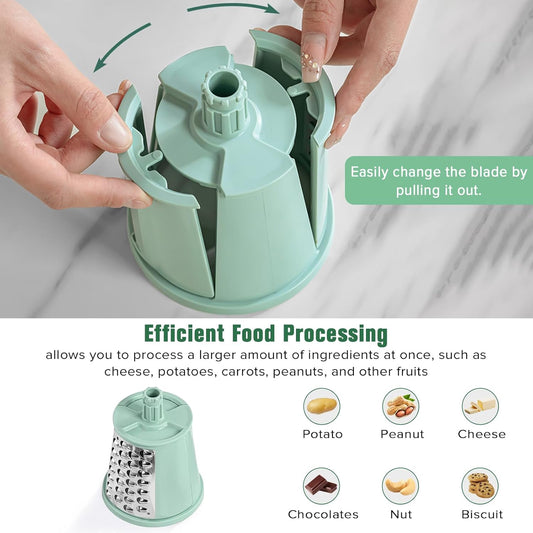 Rotary Cheese Grater with Handle, Necomi Vegetable Chopper with 5 Blades & Strong Suction Base, Vegetable Cutter Mandoline Slicer Chopper Cheese Shredder for Kitchen