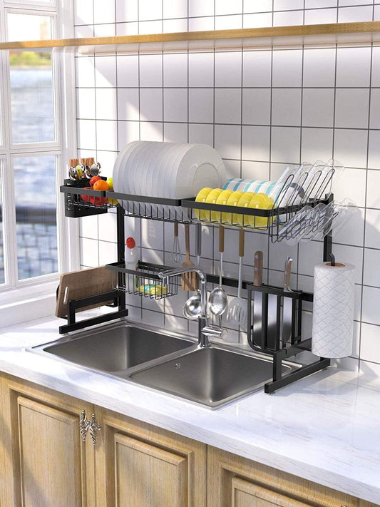 New Dish Drying Rack Kitchen Over The Sink Dish Drain Rack Utensil Holder Double Sink Stainless Steel Matt Black